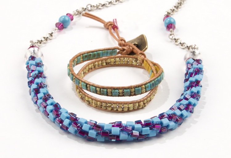 Miyuki 4mm Square bead kumihimo and wrap bracelet